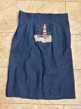 Blue Denim 2 Slit Back Opening LightHouse Embroidery Contemporary Skirt